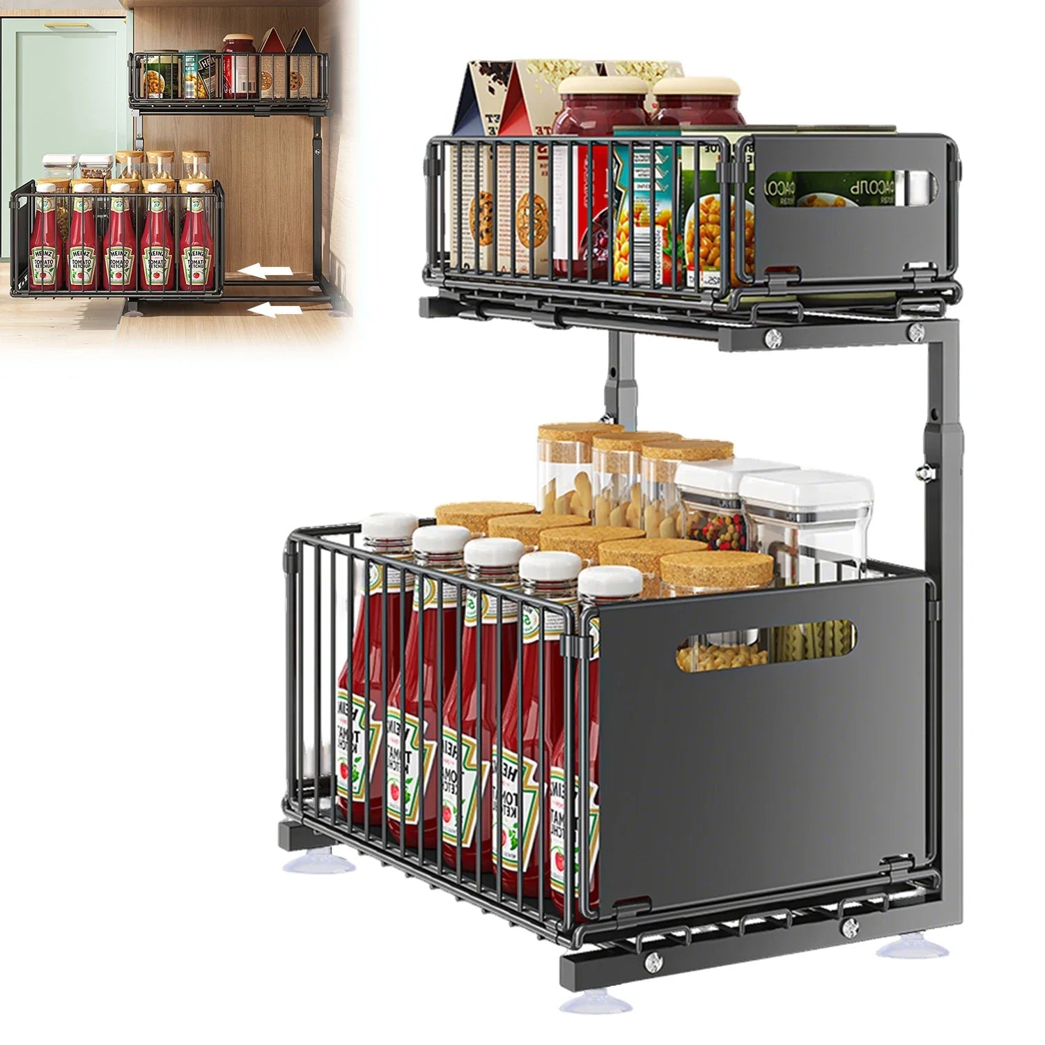Adjustable L-Shaped Carbon Steel Pull-Out Under-Sink Organizer (2-Tier)