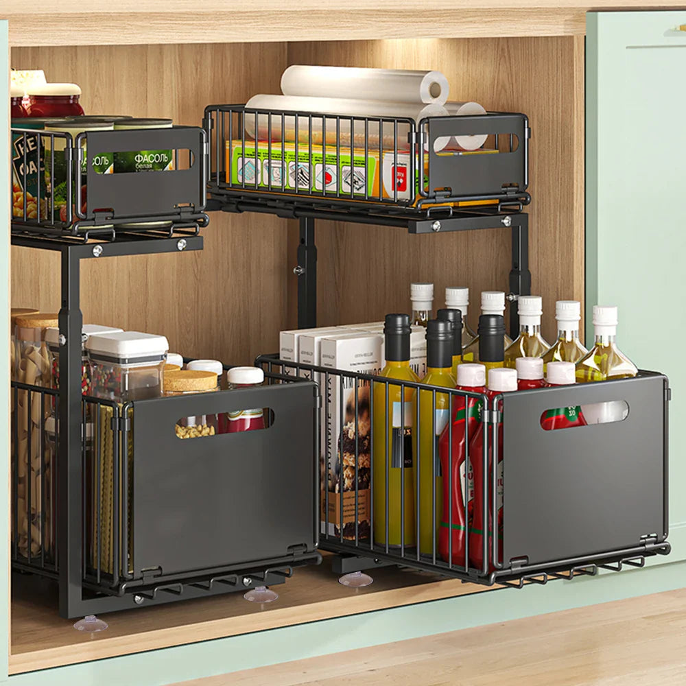 Adjustable L-Shaped Carbon Steel Pull-Out Under-Sink Organizer (2-Tier)