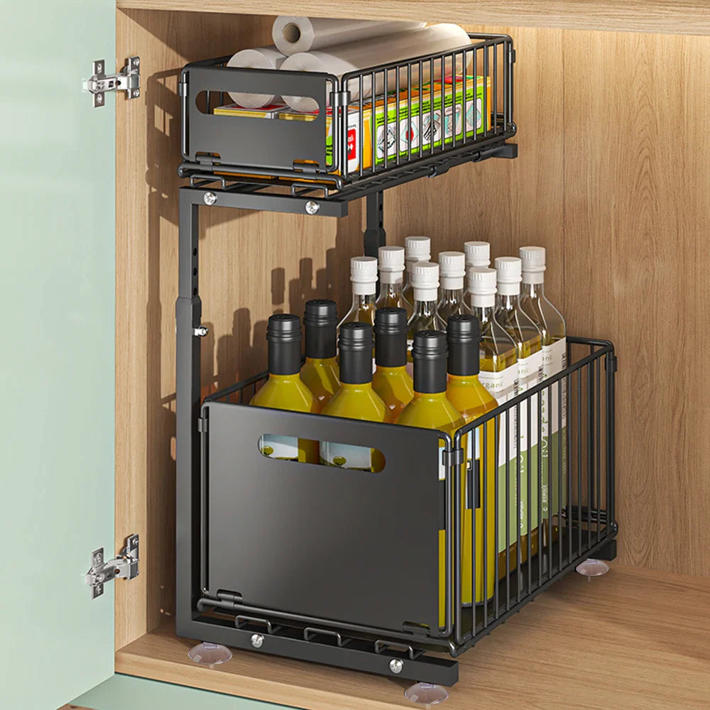 Adjustable L-Shaped Carbon Steel Pull-Out Under-Sink Organizer (2-Tier)