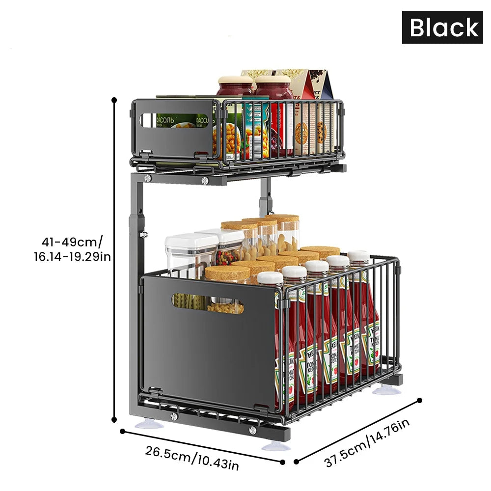Adjustable L-Shaped Carbon Steel Pull-Out Under-Sink Organizer (2-Tier)