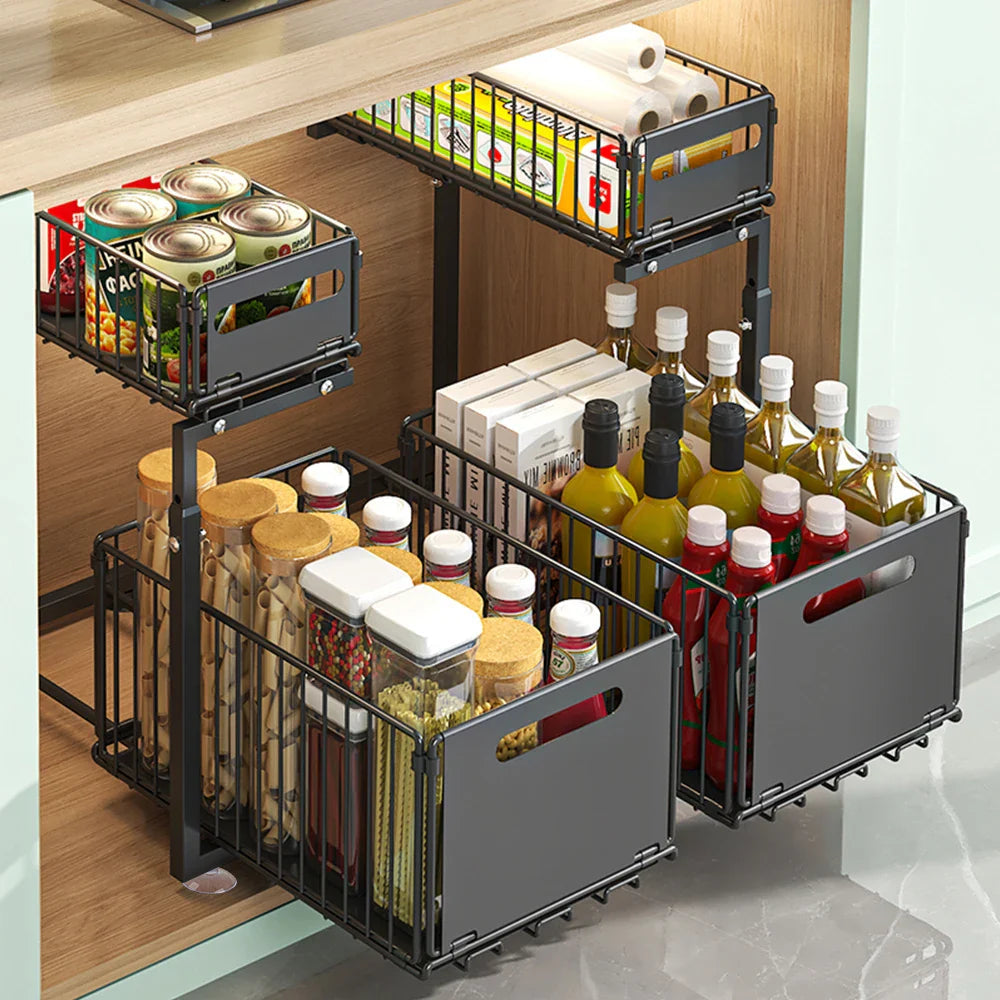 Adjustable L-Shaped Carbon Steel Pull-Out Under-Sink Organizer (2-Tier)