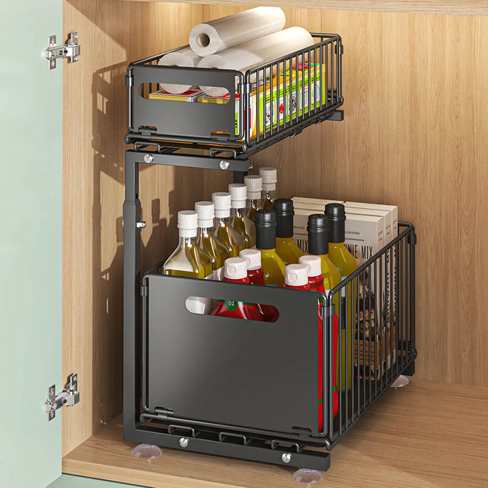 Adjustable L-Shaped Carbon Steel Pull-Out Under-Sink Organizer (2-Tier)