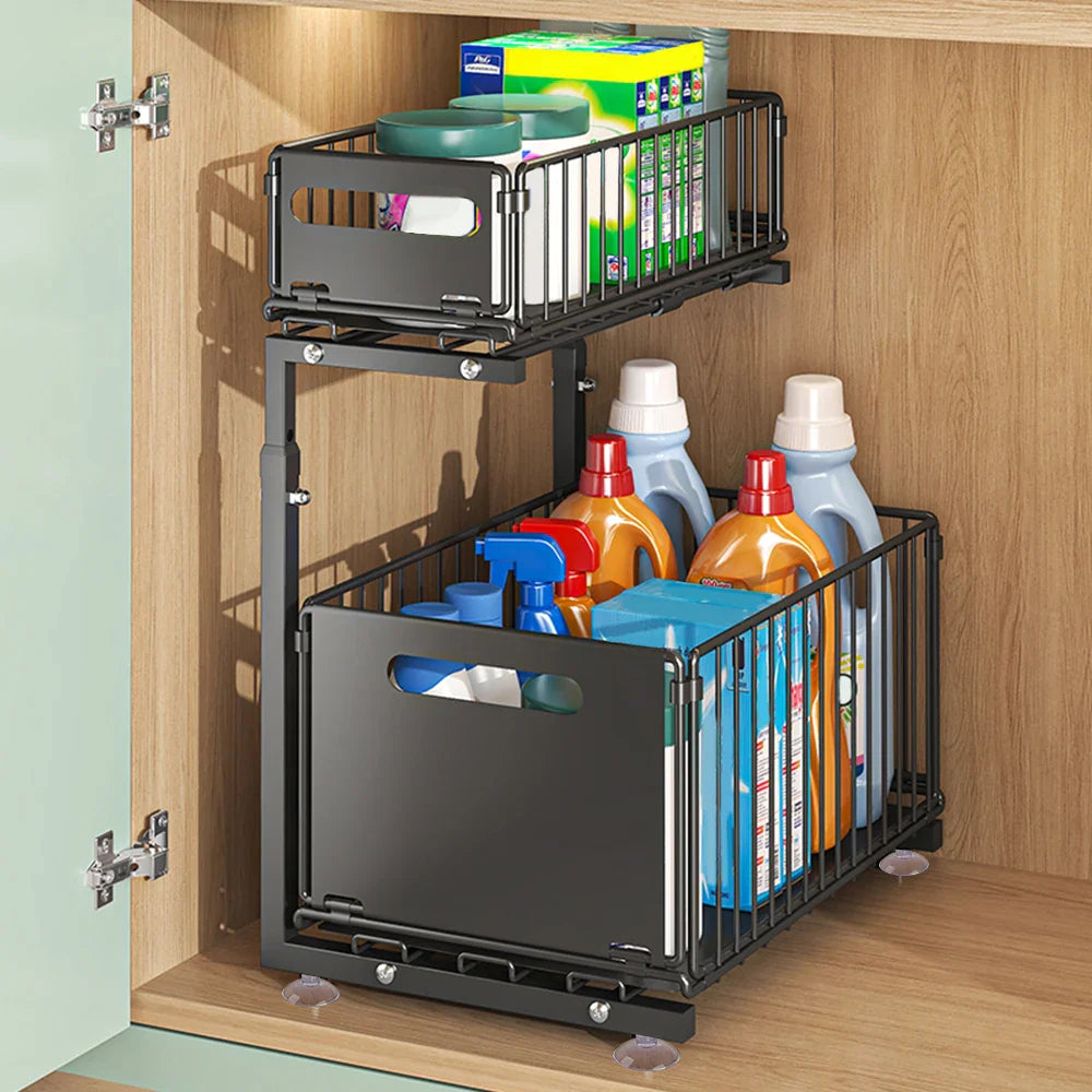 Adjustable L-Shaped Carbon Steel Pull-Out Under-Sink Organizer (2-Tier)