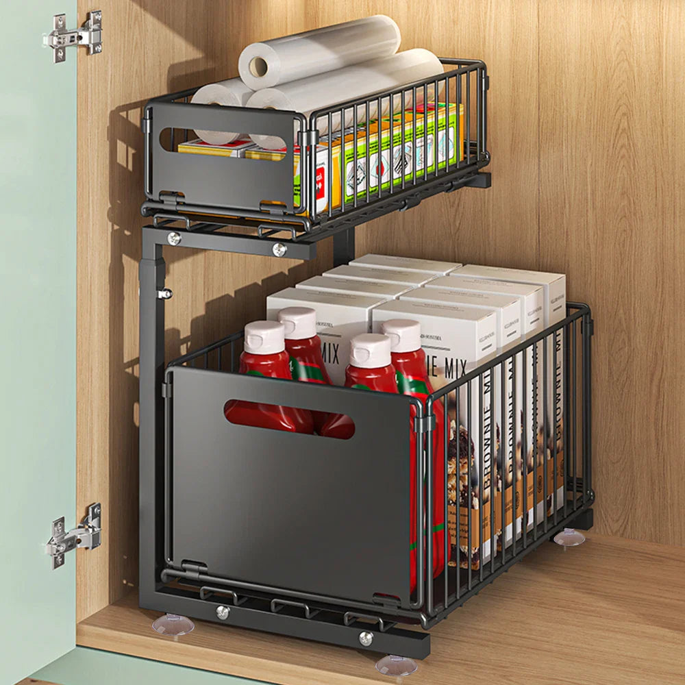 Adjustable L-Shaped Carbon Steel Pull-Out Under-Sink Organizer (2-Tier)