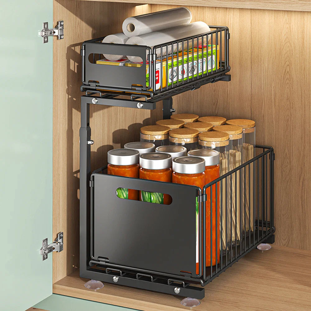 Adjustable L-Shaped Carbon Steel Pull-Out Under-Sink Organizer (2-Tier)