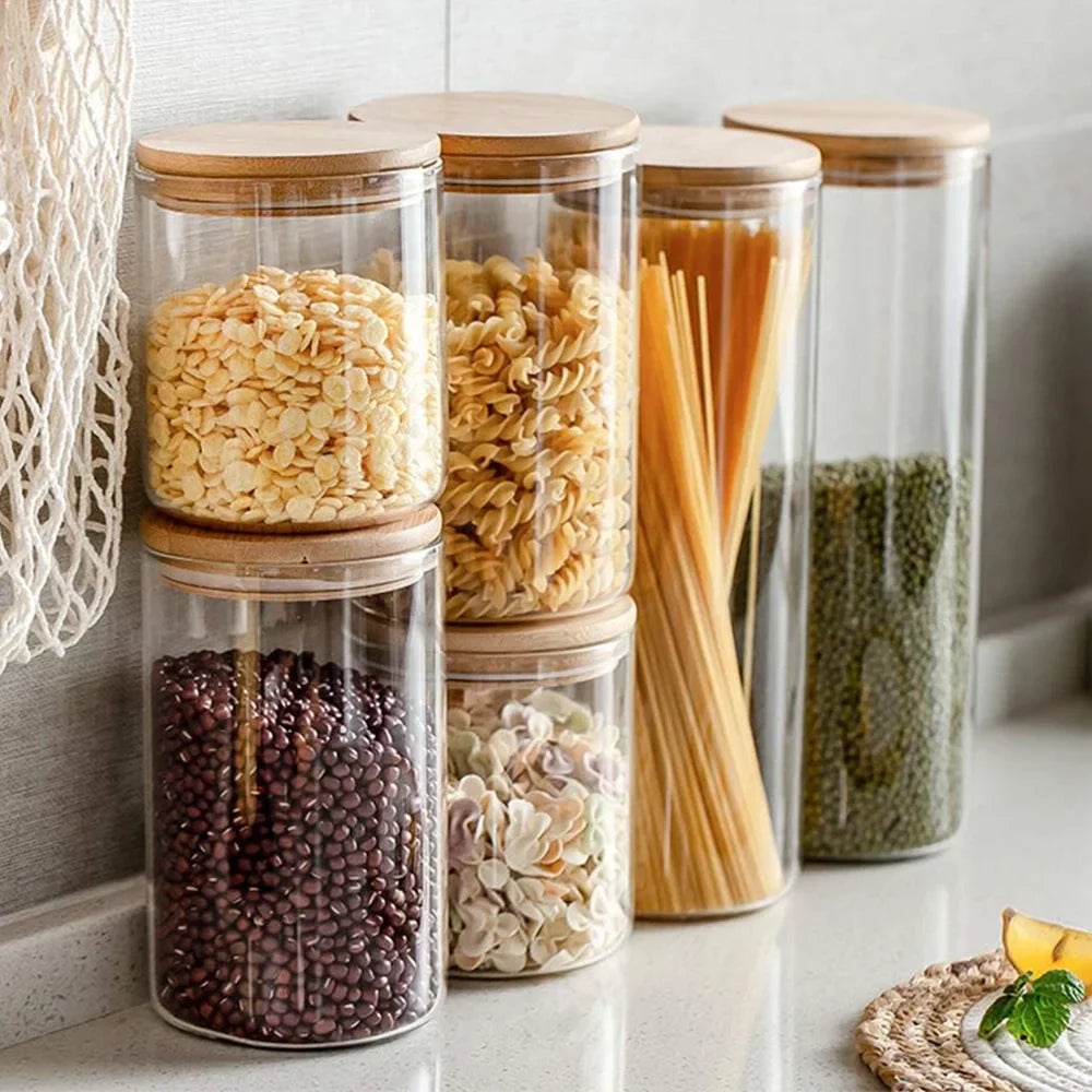Airtight Glass Food Storage Jars With Wooden Lids (Set of 5)