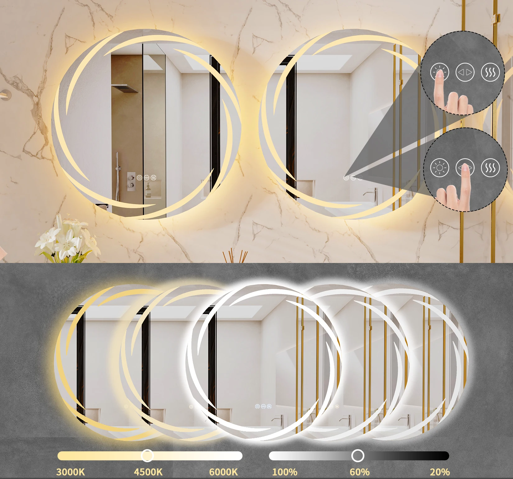 Anti-Fog 3-Color LED Round Mirror (Frameless)
