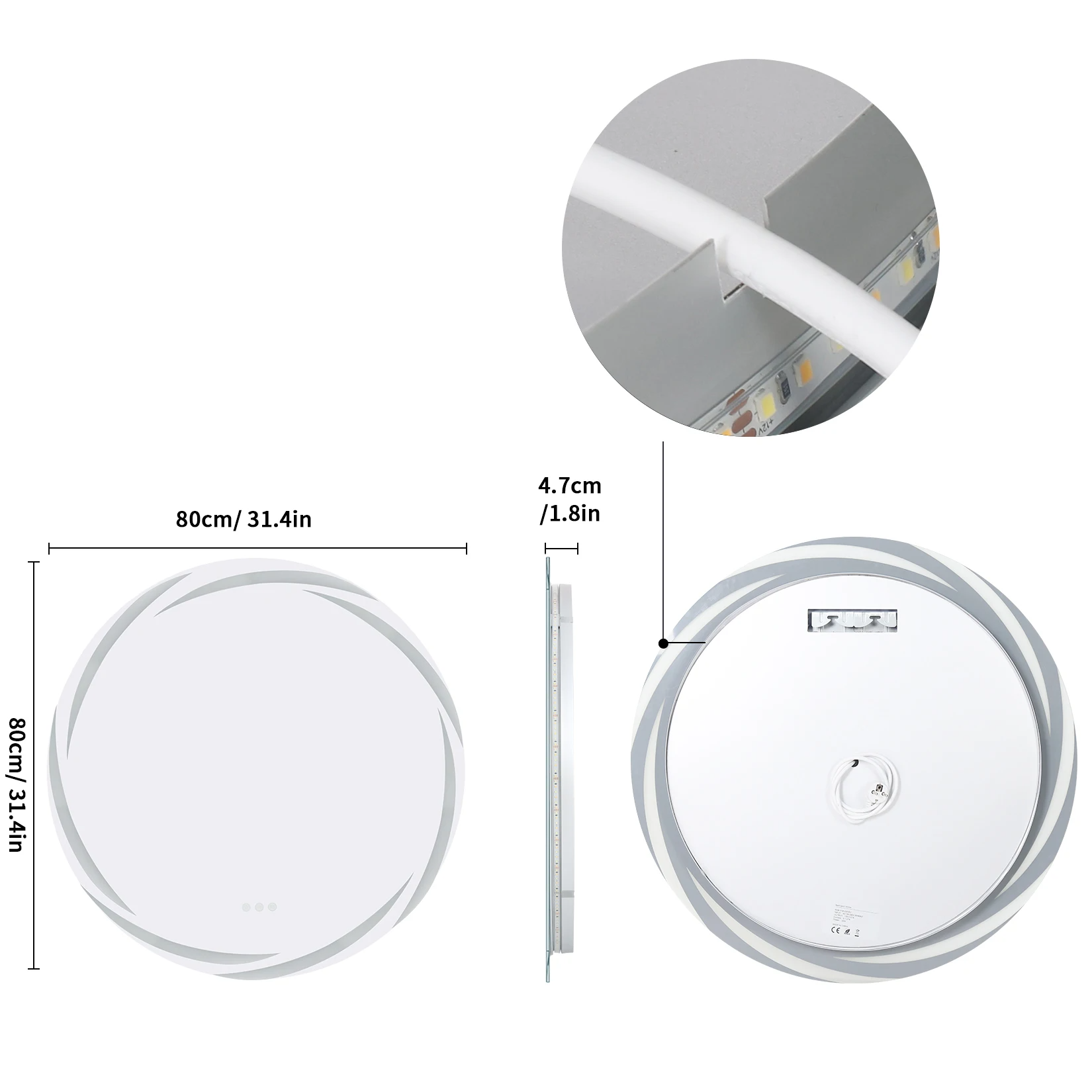 Anti-Fog 3-Color LED Round Mirror (Frameless)