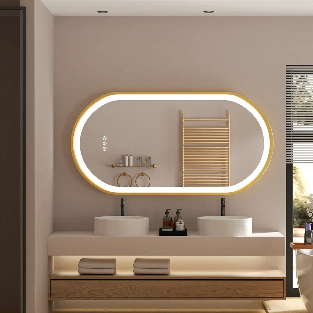 Anti-Fog Adjustable LED Bathroom Mirror (Gold Aluminum Frame)