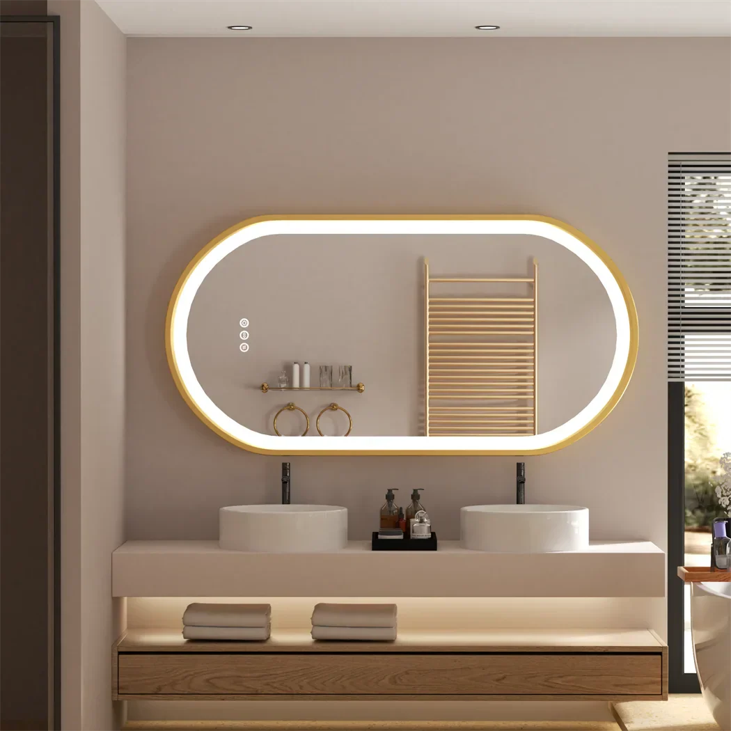 Anti-Fog Adjustable LED Bathroom Mirror (Gold Aluminum Frame)