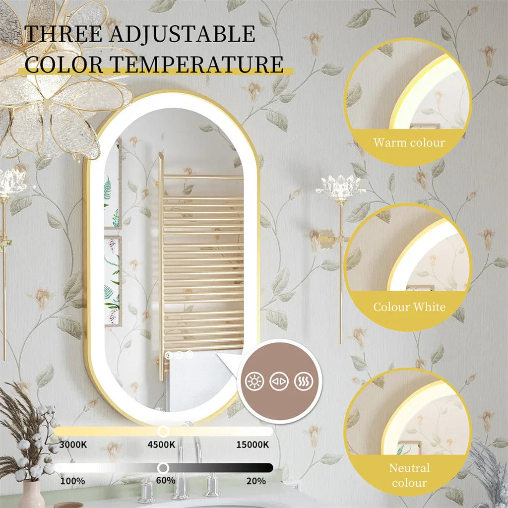 Anti-Fog Adjustable LED Bathroom Mirror (Gold Aluminum Frame)