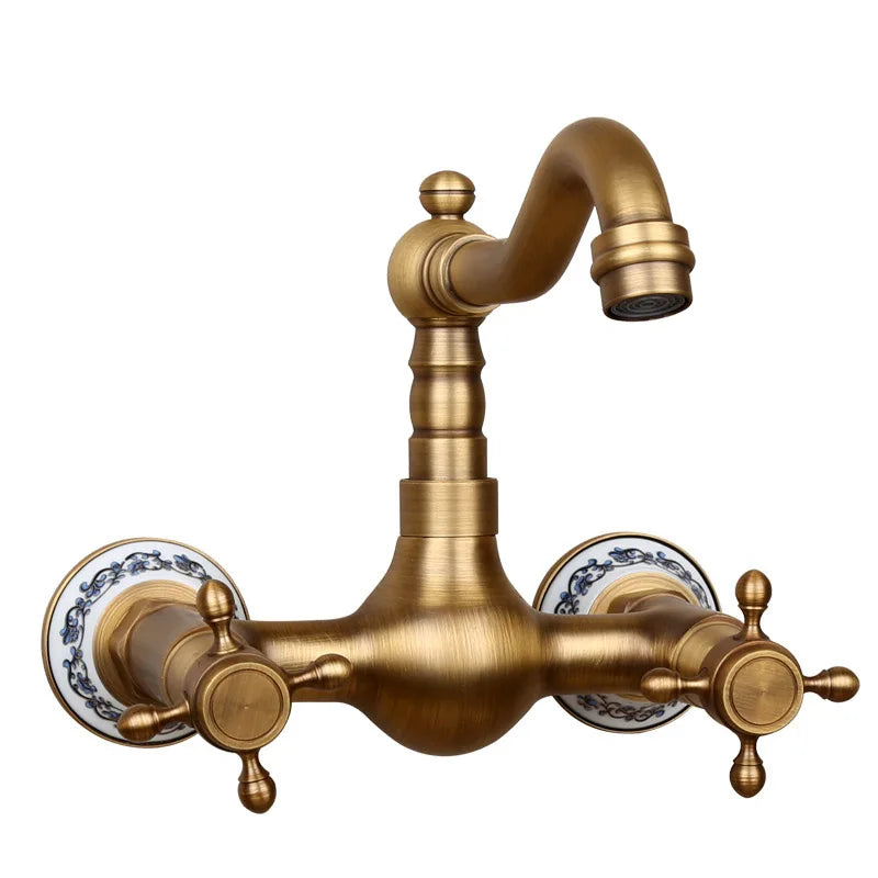 Antique Brass Solid-Brass Wall-Mount Mixer Faucet (360° Swivel)