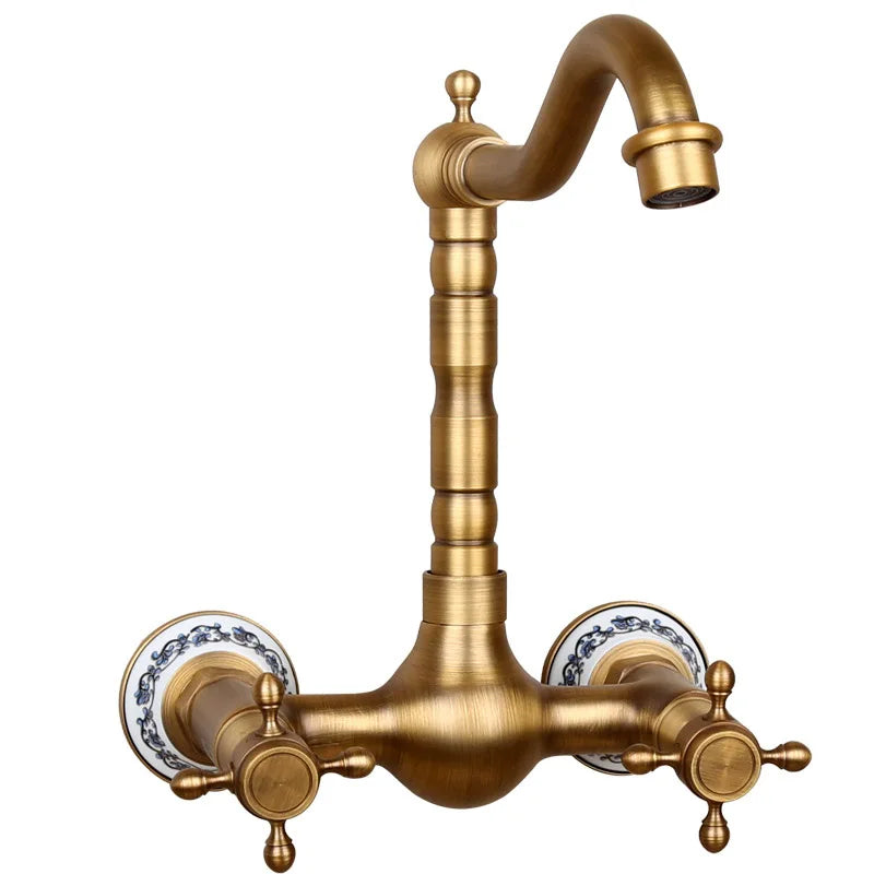 Antique Brass Solid-Brass Wall-Mount Mixer Faucet (360° Swivel)