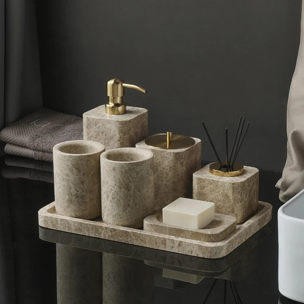 Authentic Emperador Light Marble Bathroom Accessory Set (7-Piece)