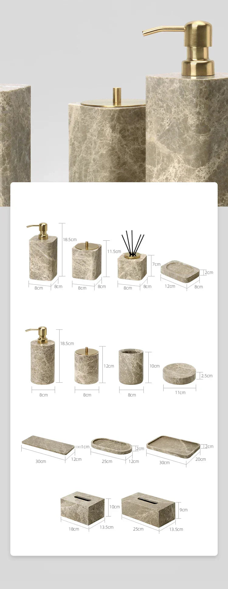 Authentic Emperador Light Marble Bathroom Accessory Set (7-Piece)