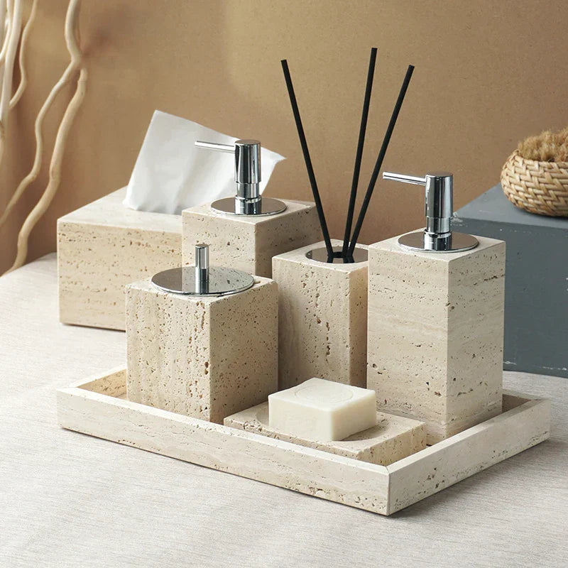 Authentic Travertine Marble Bathroom Accessory Set (4-Piece)