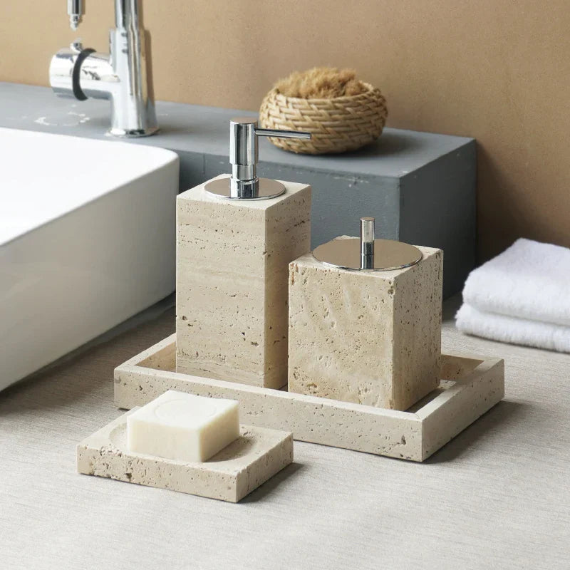 Authentic Travertine Marble Bathroom Accessory Set (4-Piece)