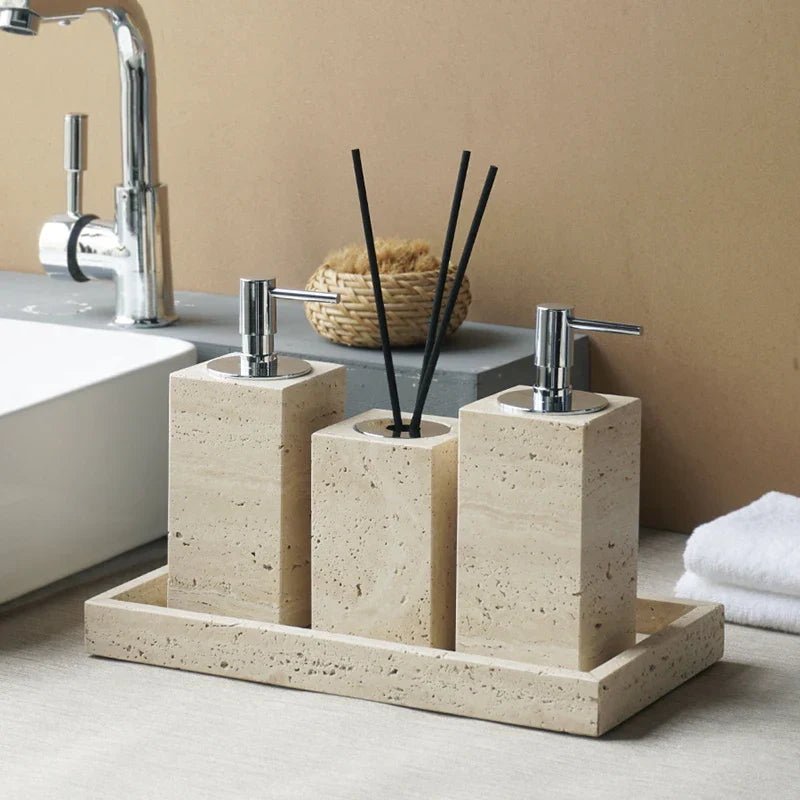 Authentic Travertine Marble Bathroom Accessory Set (4-Piece)