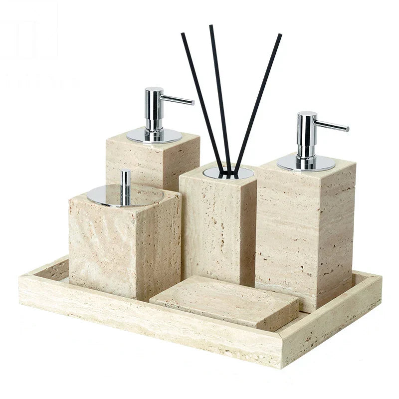 Authentic Travertine Marble Bathroom Accessory Set (4-Piece)