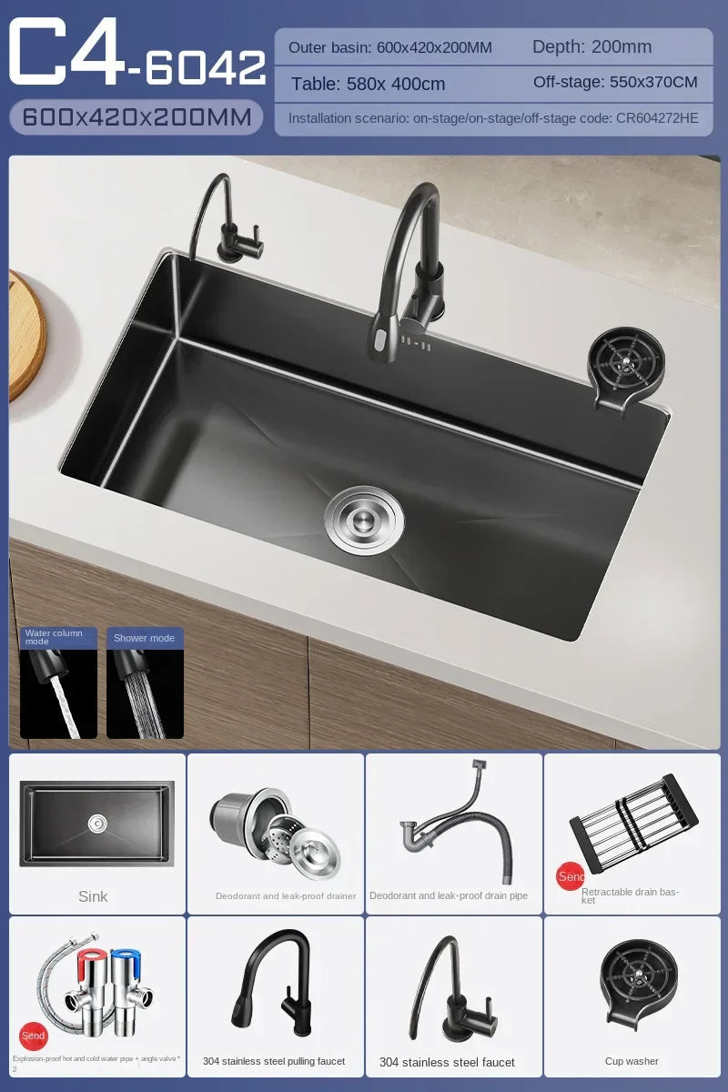 Black Stainless Steel Single-Bowl Undermount Sink Set (Includes Waterfall Faucet & Soap Dispenser)