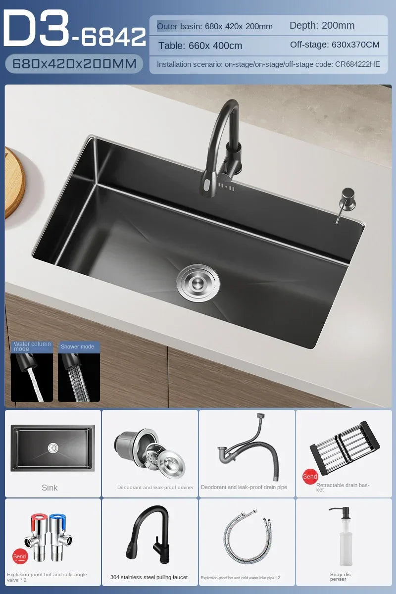 Black Stainless Steel Single-Bowl Undermount Sink Set (Includes Waterfall Faucet & Soap Dispenser)
