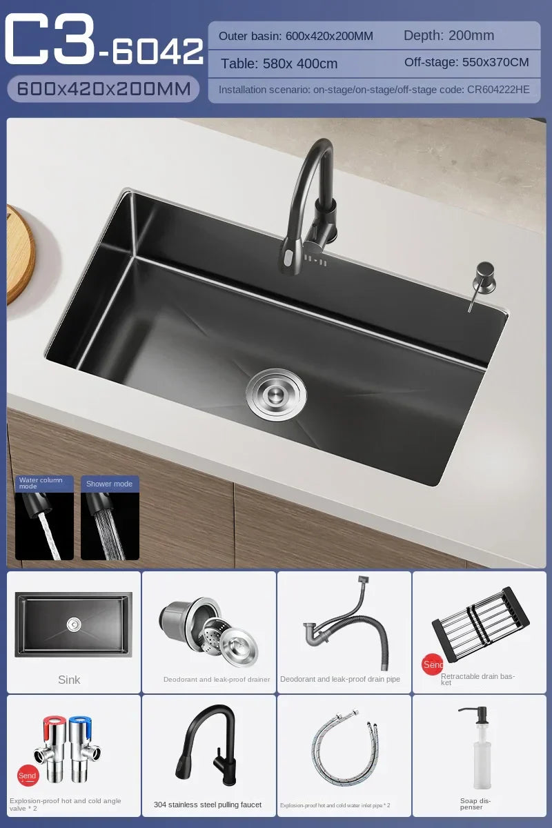 Black Stainless Steel Single-Bowl Undermount Sink Set (Includes Waterfall Faucet & Soap Dispenser)
