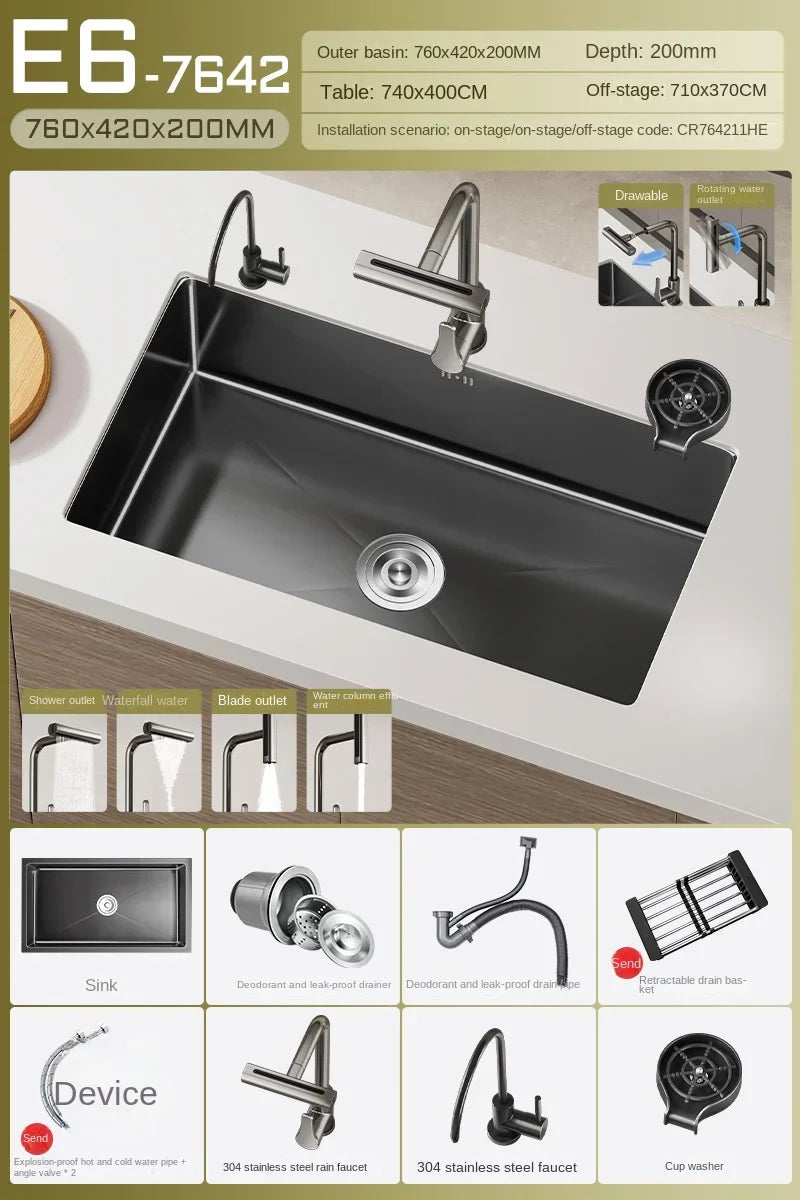 Black Stainless Steel Single-Bowl Undermount Sink Set (Includes Waterfall Faucet & Soap Dispenser)