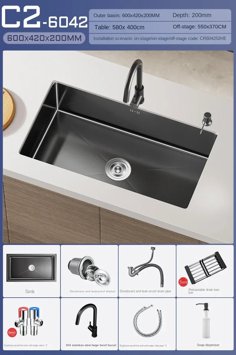 Black Stainless Steel Single-Bowl Undermount Sink Set (Includes Waterfall Faucet & Soap Dispenser)