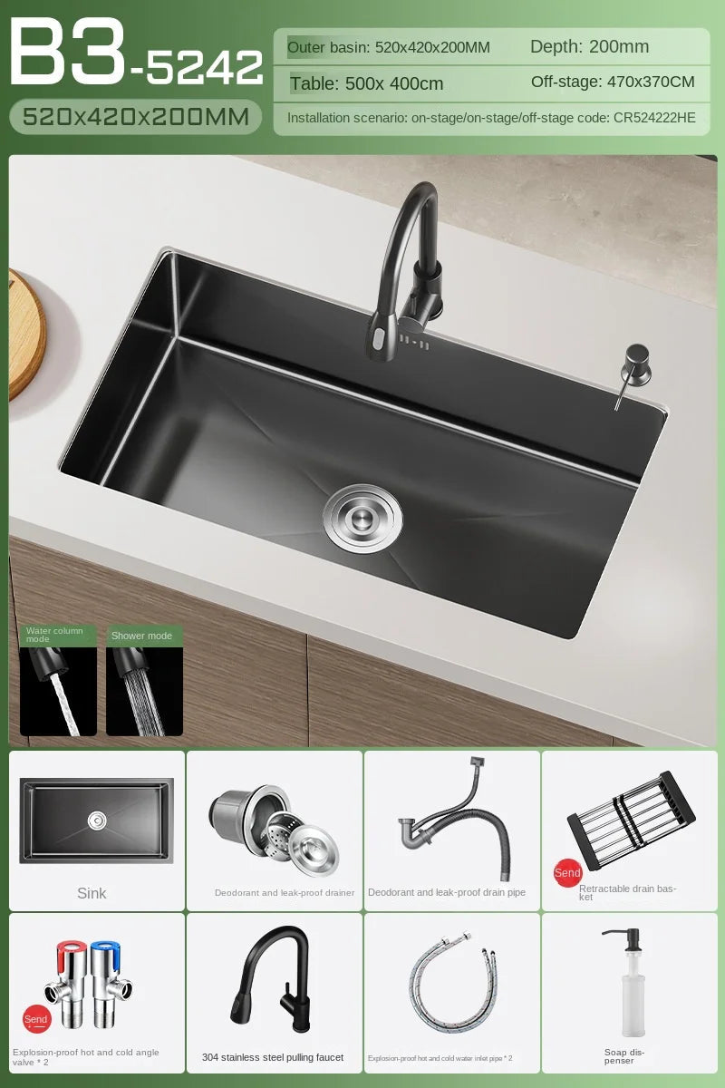 Black Stainless Steel Single-Bowl Undermount Sink Set (Includes Waterfall Faucet & Soap Dispenser)
