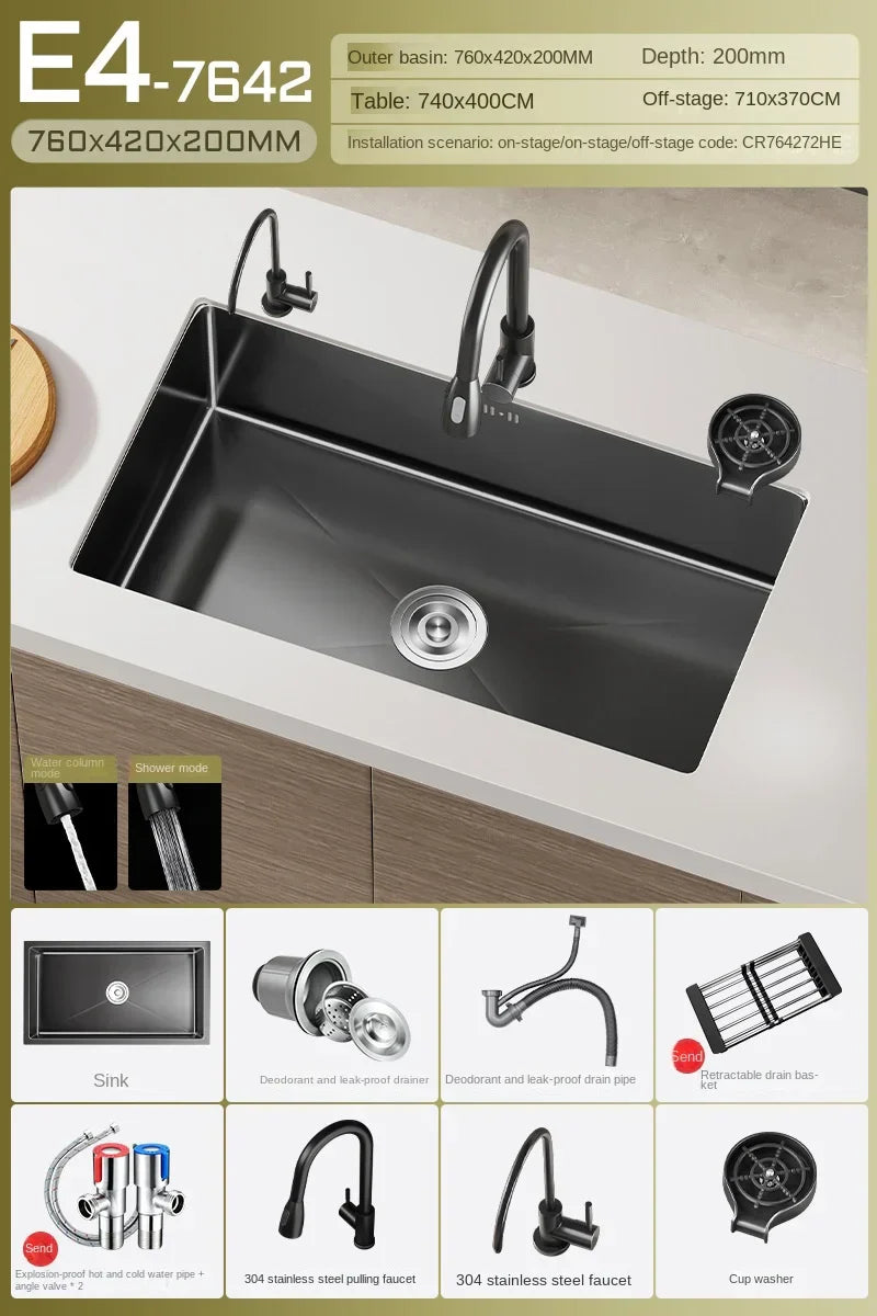 Black Stainless Steel Single-Bowl Undermount Sink Set (Includes Waterfall Faucet & Soap Dispenser)