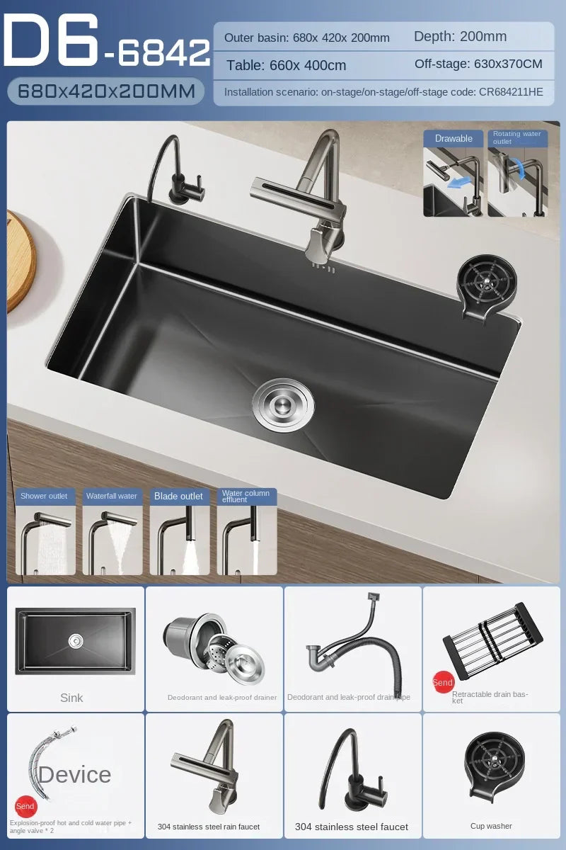 Black Stainless Steel Single-Bowl Undermount Sink Set (Includes Waterfall Faucet & Soap Dispenser)