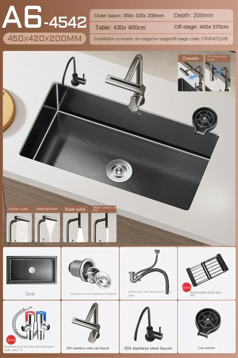 Black Stainless Steel Single-Bowl Undermount Sink Set (Includes Waterfall Faucet & Soap Dispenser)