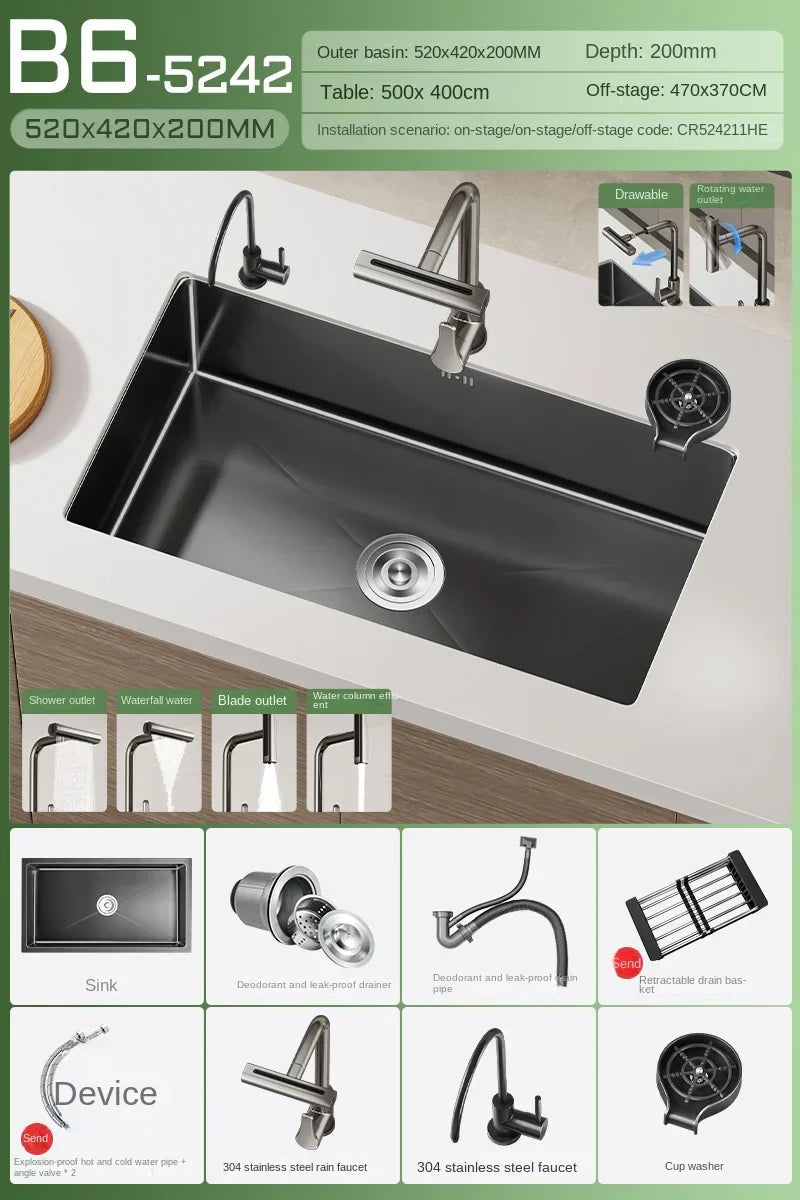 Black Stainless Steel Single-Bowl Undermount Sink Set (Includes Waterfall Faucet & Soap Dispenser)