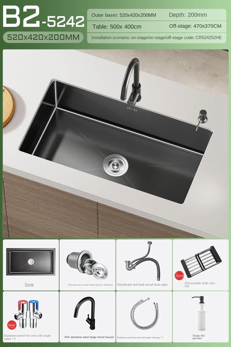 Black Stainless Steel Single-Bowl Undermount Sink Set (Includes Waterfall Faucet & Soap Dispenser)