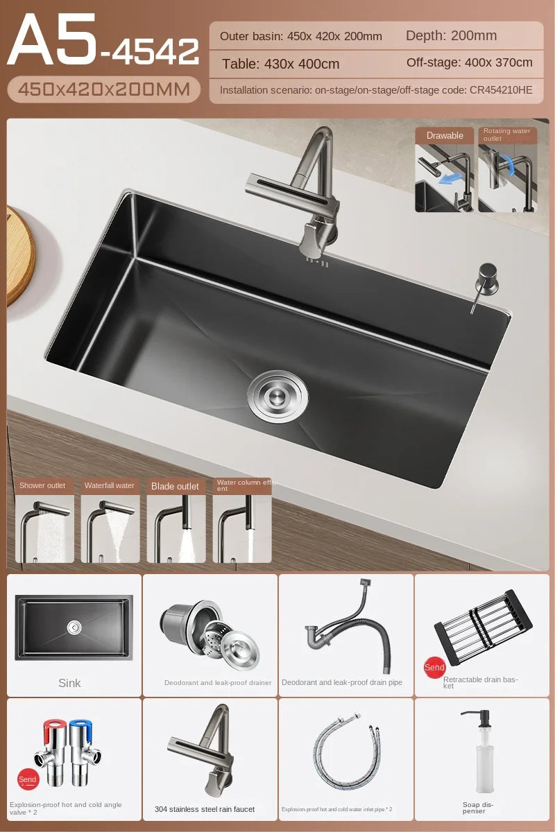 Black Stainless Steel Single-Bowl Undermount Sink Set (Includes Waterfall Faucet & Soap Dispenser)