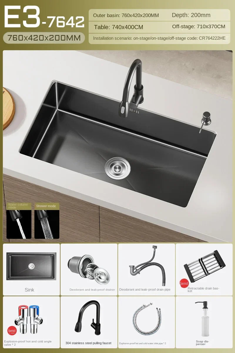 Black Stainless Steel Single-Bowl Undermount Sink Set (Includes Waterfall Faucet & Soap Dispenser)