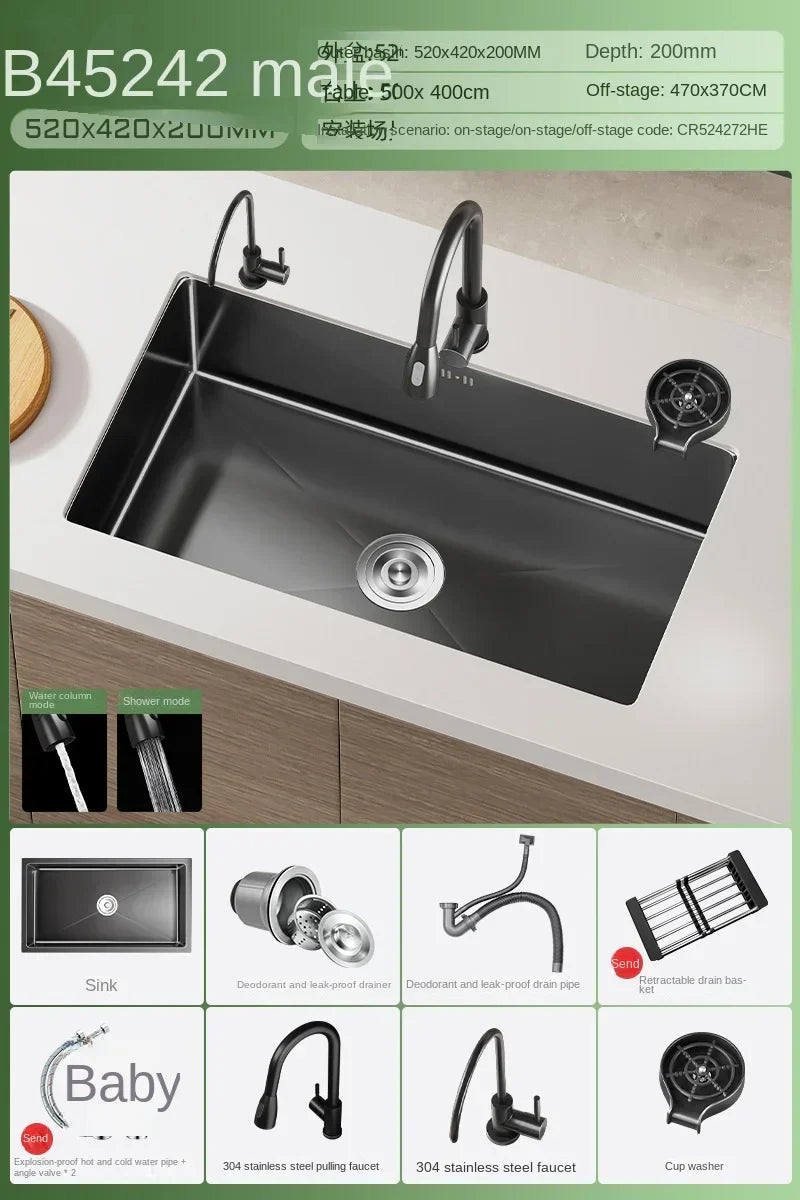 Black Stainless Steel Single-Bowl Undermount Sink Set (Includes Waterfall Faucet & Soap Dispenser)