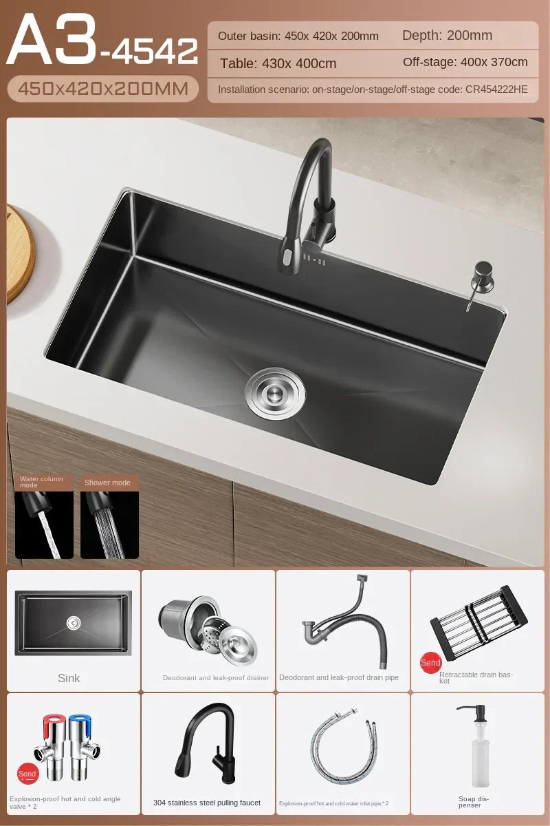 Black Stainless Steel Single-Bowl Undermount Sink Set (Includes Waterfall Faucet & Soap Dispenser)