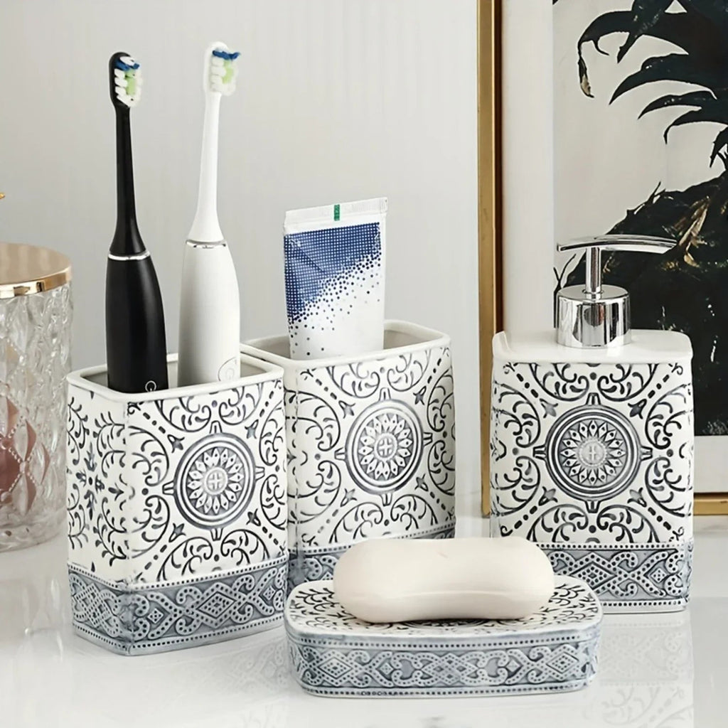 Boho Hand-Painted Ceramic Bathroom Accessory Set (4-Piece)