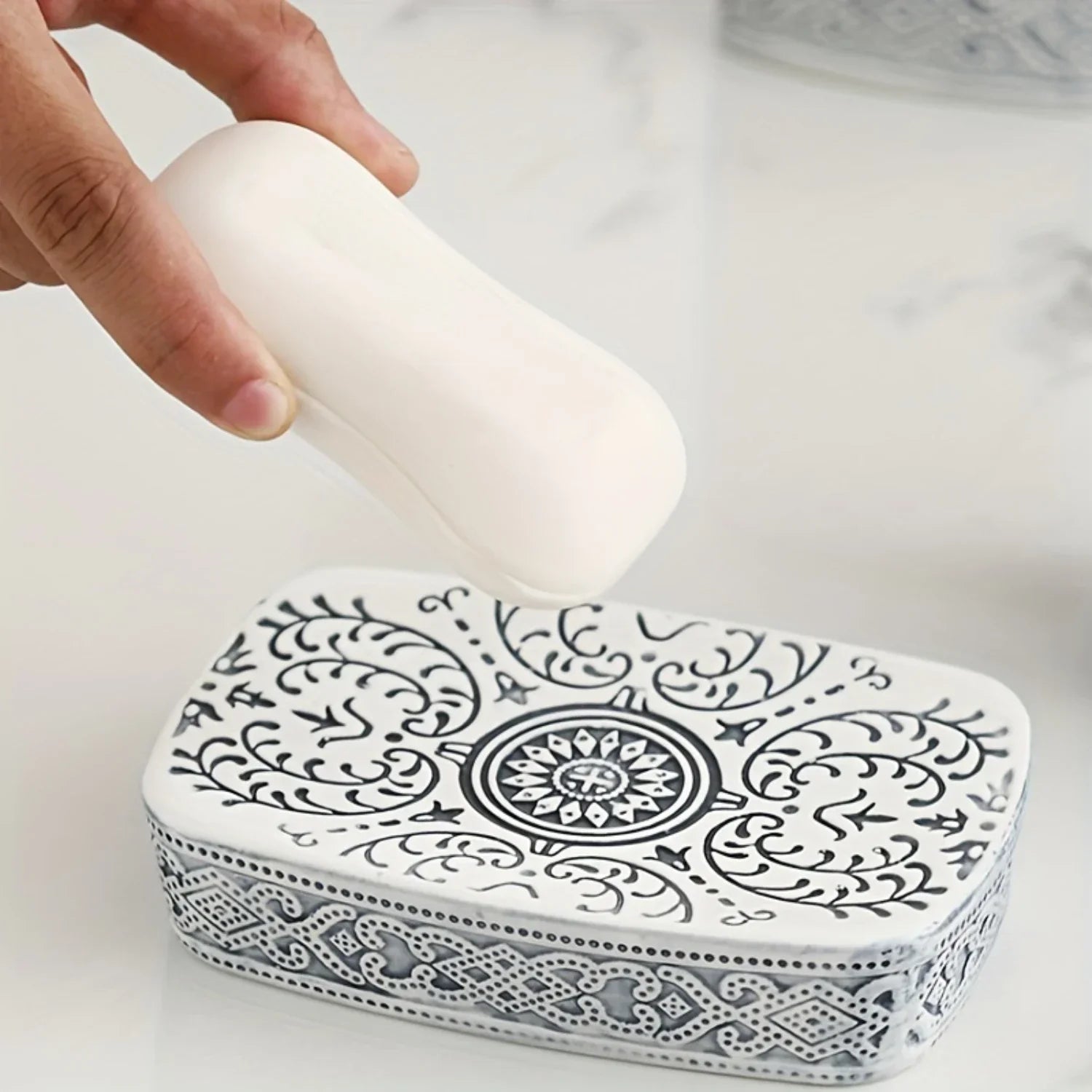 Boho Hand-Painted Ceramic Bathroom Accessory Set (4-Piece)