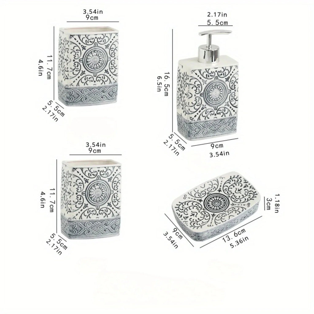 Boho Hand-Painted Ceramic Bathroom Accessory Set (4-Piece)
