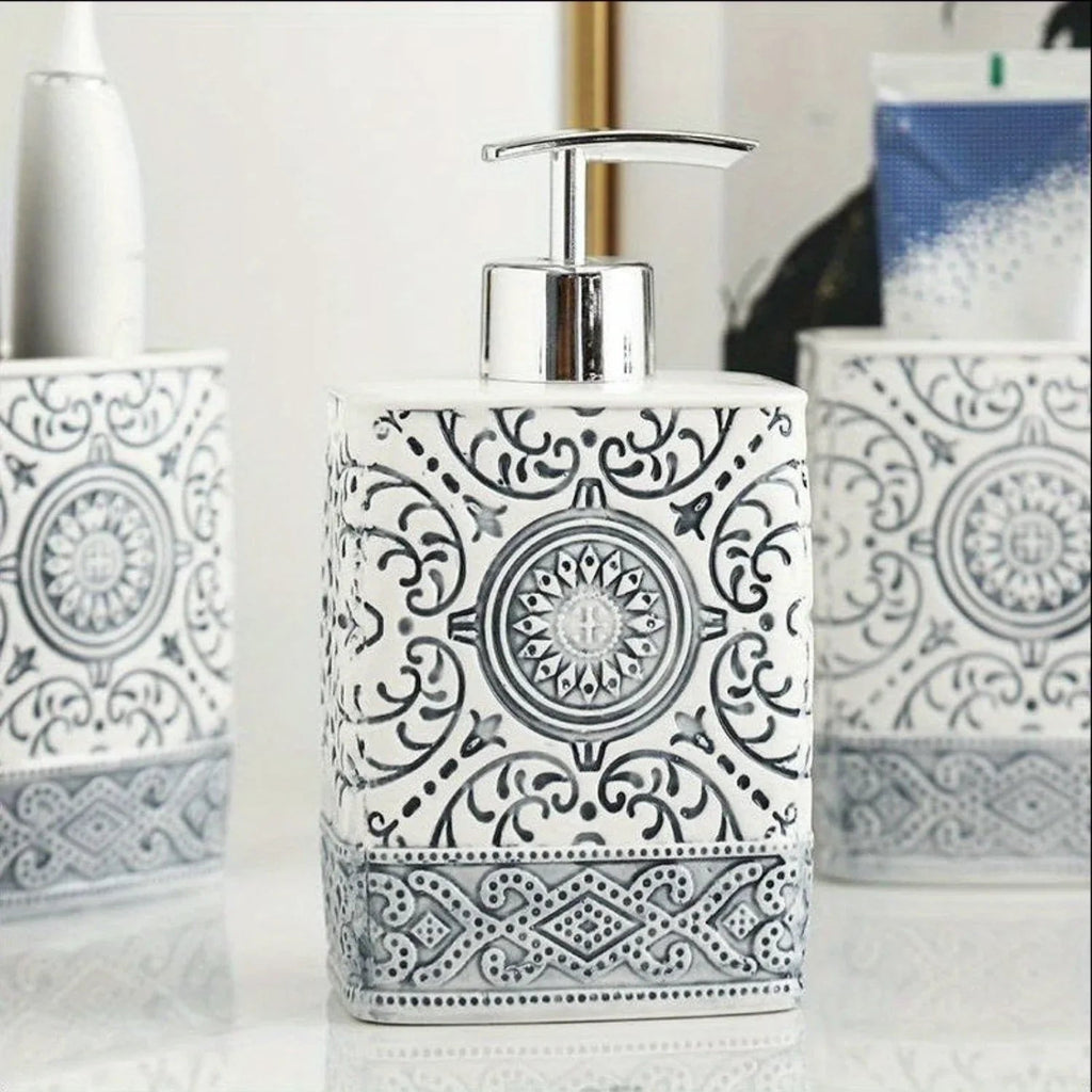 Boho Hand-Painted Ceramic Bathroom Accessory Set (4-Piece)