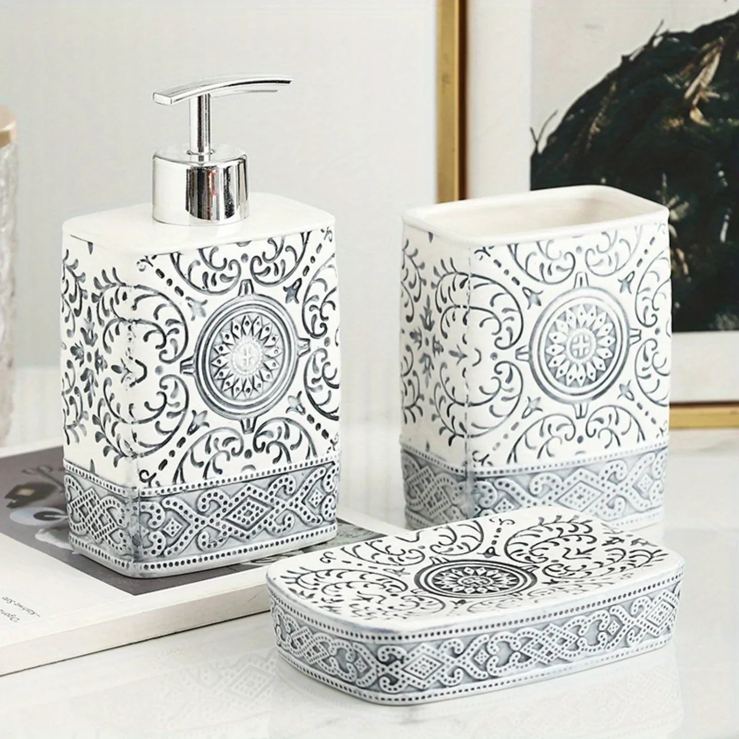 Boho Hand-Painted Ceramic Bathroom Accessory Set (4-Piece)