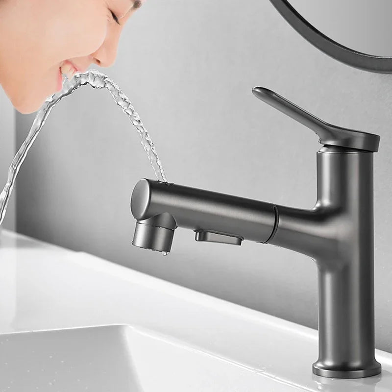Brass Pull-Out Bathroom Faucet With Ceramic Valve (Single-Hole)