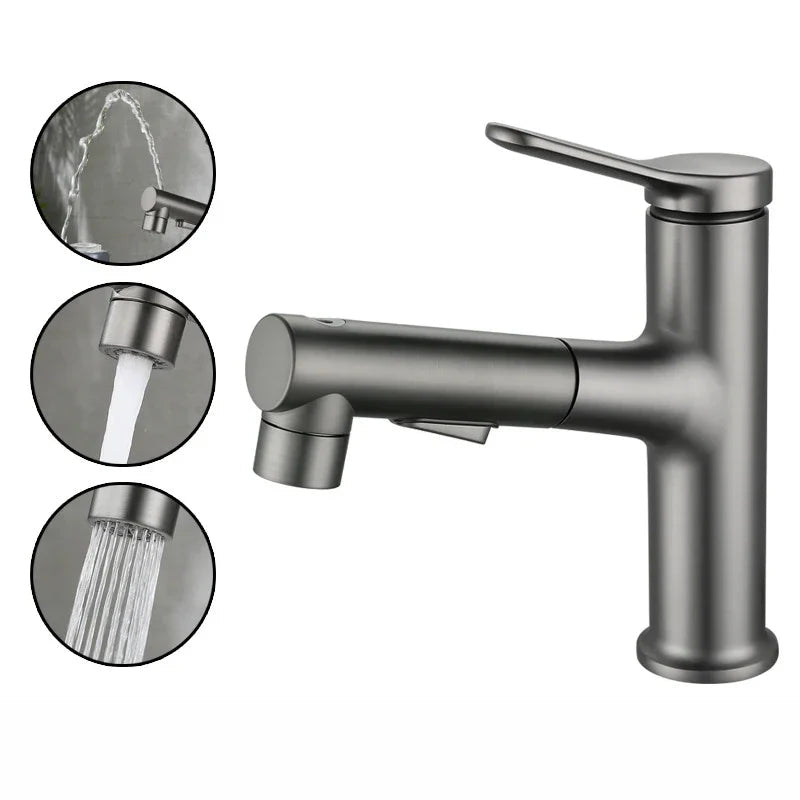 Brass Pull-Out Bathroom Faucet With Ceramic Valve (Single-Hole)