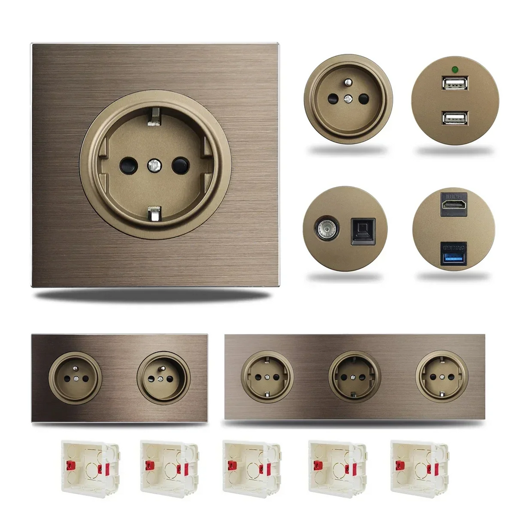 Brushed Aluminum Flush-Mount Schuko Wall Outlet (USB & CAT6)