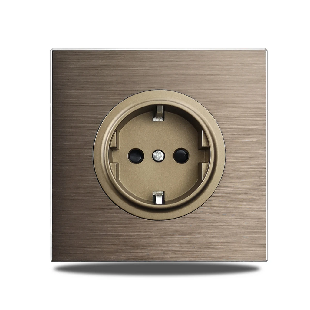 Brushed Aluminum Flush-Mount Schuko Wall Outlet (USB & CAT6)