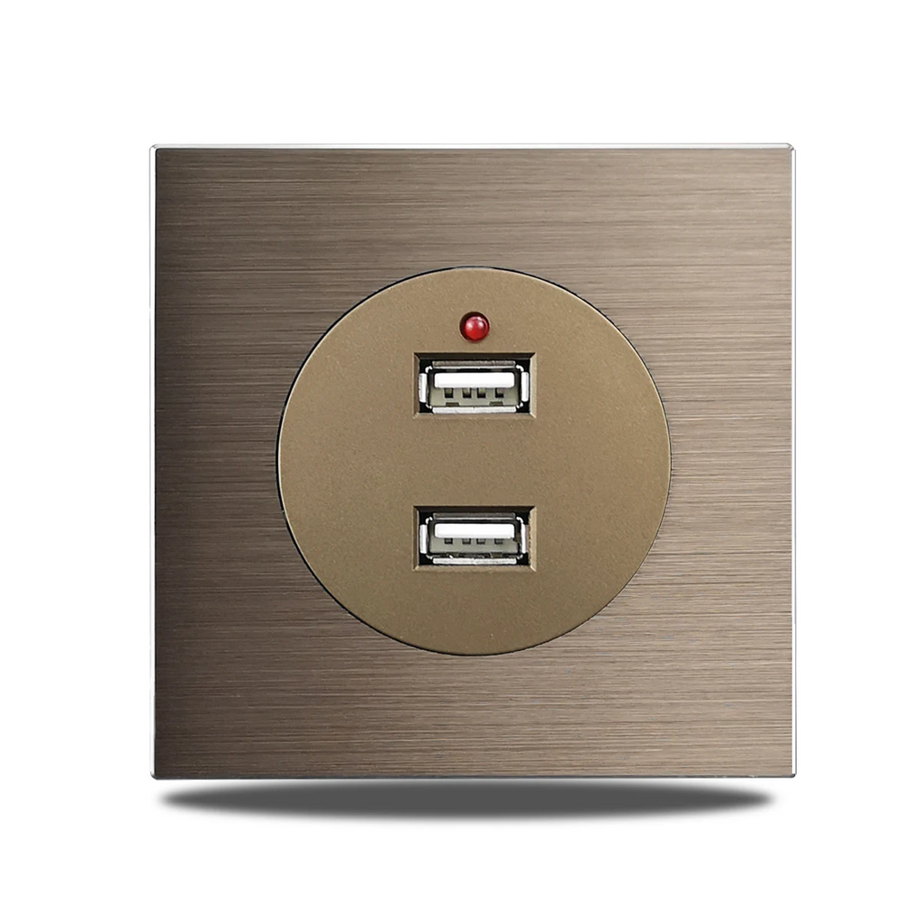 Brushed Aluminum Flush-Mount Schuko Wall Outlet (USB & CAT6)