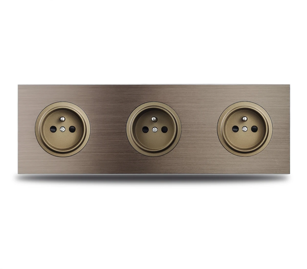 Brushed Aluminum Flush-Mount Schuko Wall Outlet (USB & CAT6)