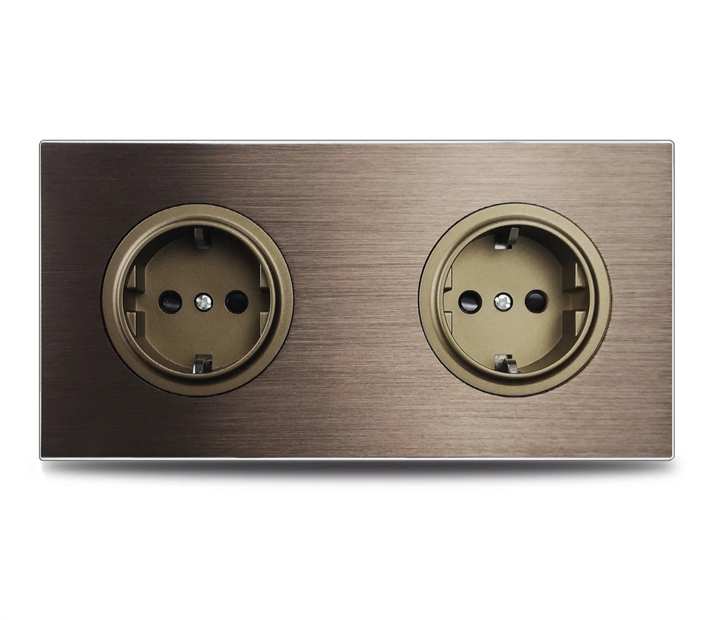 Brushed Aluminum Flush-Mount Schuko Wall Outlet (USB & CAT6)